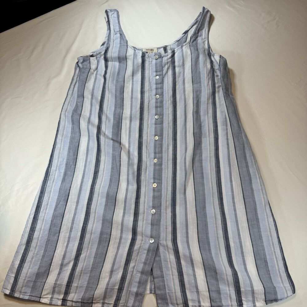 Haven Well Within Blue White Striped Linen Cotton Shift Dress L Button Front